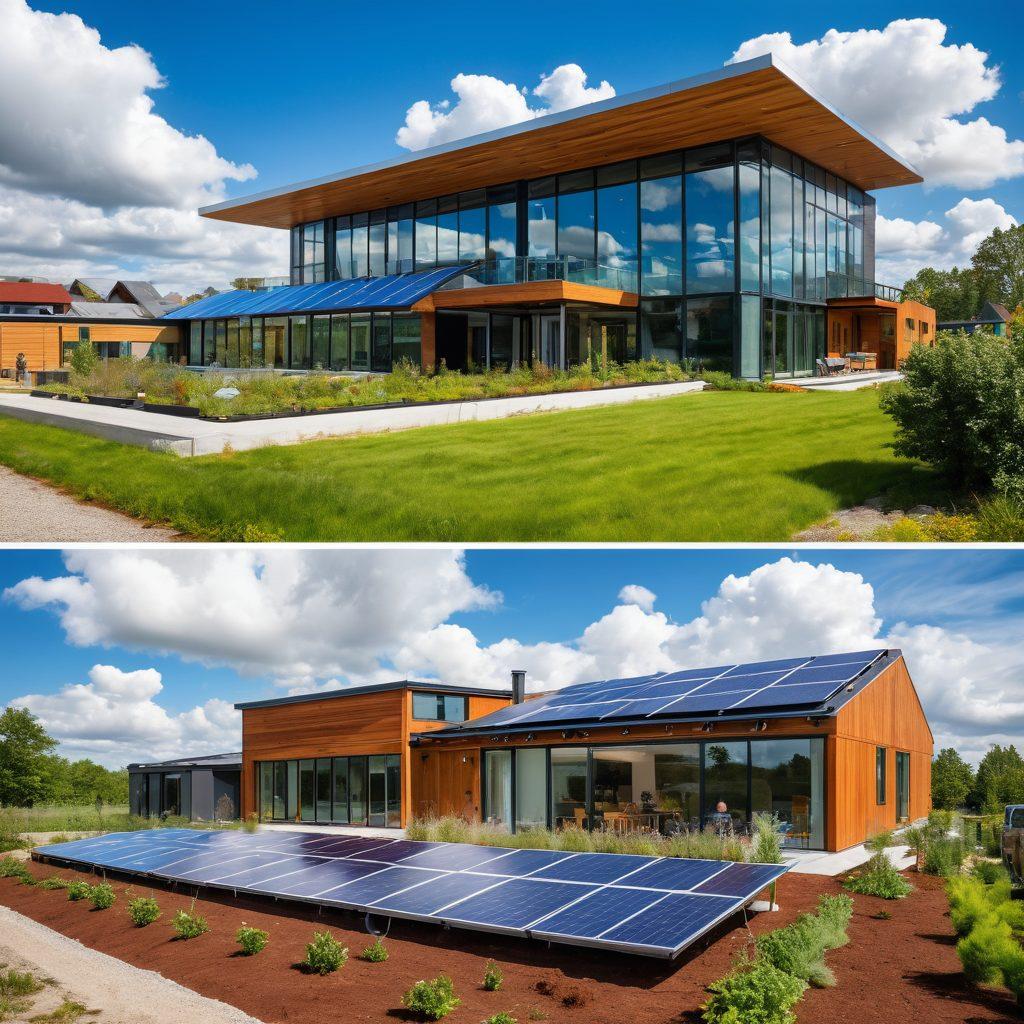 A split scene showcasing a modern, eco-friendly home on one side and a sleek, innovative commercial building on the other. Both structures feature solar panels, green roofs, and gardens. In the foreground, a diverse group of people is collaborating on sustainable projects, with tools like plans, seedlings, and solar panels visible. The sky is bright blue with fluffy clouds, symbolizing a positive future. super-realistic. vibrant colors.