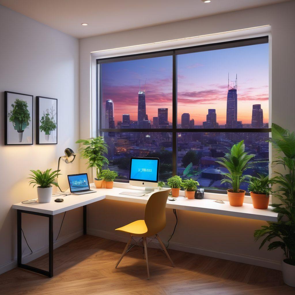 A modern, stylish room illuminated by innovative LED lights, featuring a sleek workspace with integrated electrical solutions. Include tools like voltage meters and smart plugs, subtly arranged alongside lush indoor plants. A window revealing an inspiring cityscape in the background, symbolizing empowerment and progress. The overall mood should be bright and motivating. super-realistic. vibrant colors. 3D.
