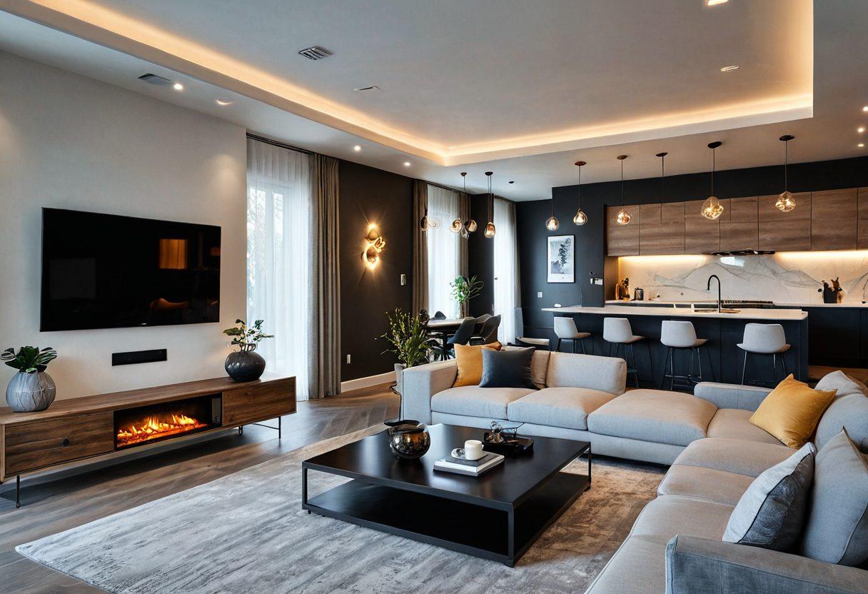 A stylish living room showcasing modern electrical installations, featuring elegant lighting fixtures, smart home devices, and a touch of safety elements like circuit breakers and grounding systems. The scene should radiate warmth and comfort, with a subtle hint of futuristic technology blending seamlessly into the decor. The ambiance should be bright and inviting, emphasizing both safety and style. super-realistic. vibrant colors. cozy setting.